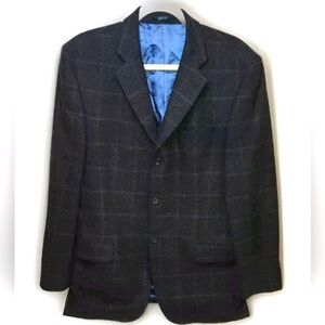 Daniel Hechter Paris 40L Navy Blue Plaid Wool Cashmere Blazer Jacket (5JJ04)